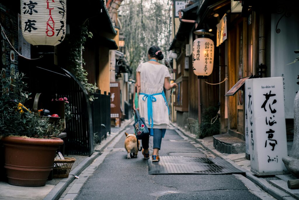 A woman walks her dog down a street lined with traditional shops in Kyoto